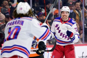 Filip Chytil (right) celebrates with Artemi Panarin after scoring a goal in the Rangers' 3-2 win over the Flyers.