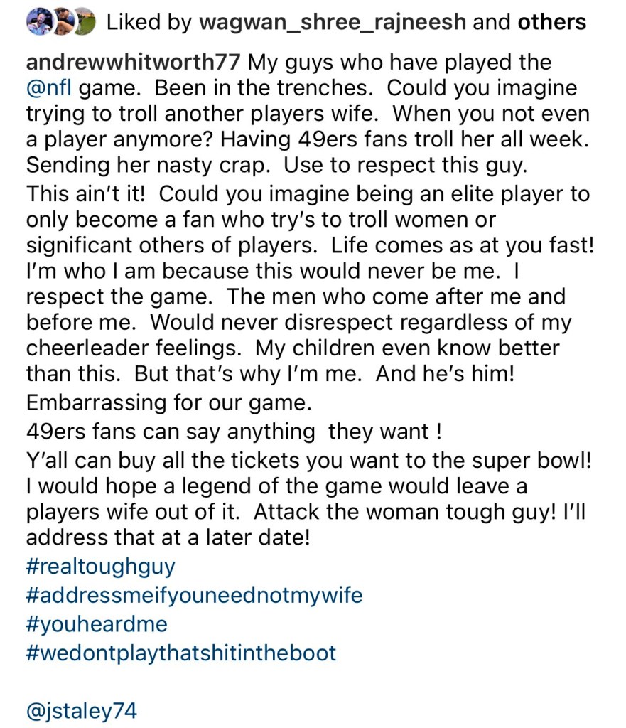 Andrew Whitworth's Instagram post calling out Joe Staley