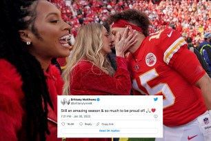 Brittany Matthews embraces Patrick Mahomes before the AFC Championship game.