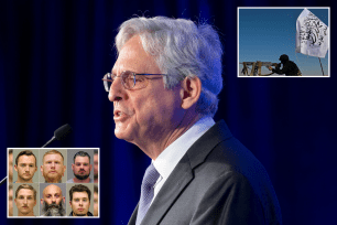 Main: Attorney General Merrick Garland. Left: Kaleb Franks, Brandon Caserta, Adam Dean Fox, and bottom left, Daniel Harris, Barry Croft, and Ty Garbin. Right: The Taliban