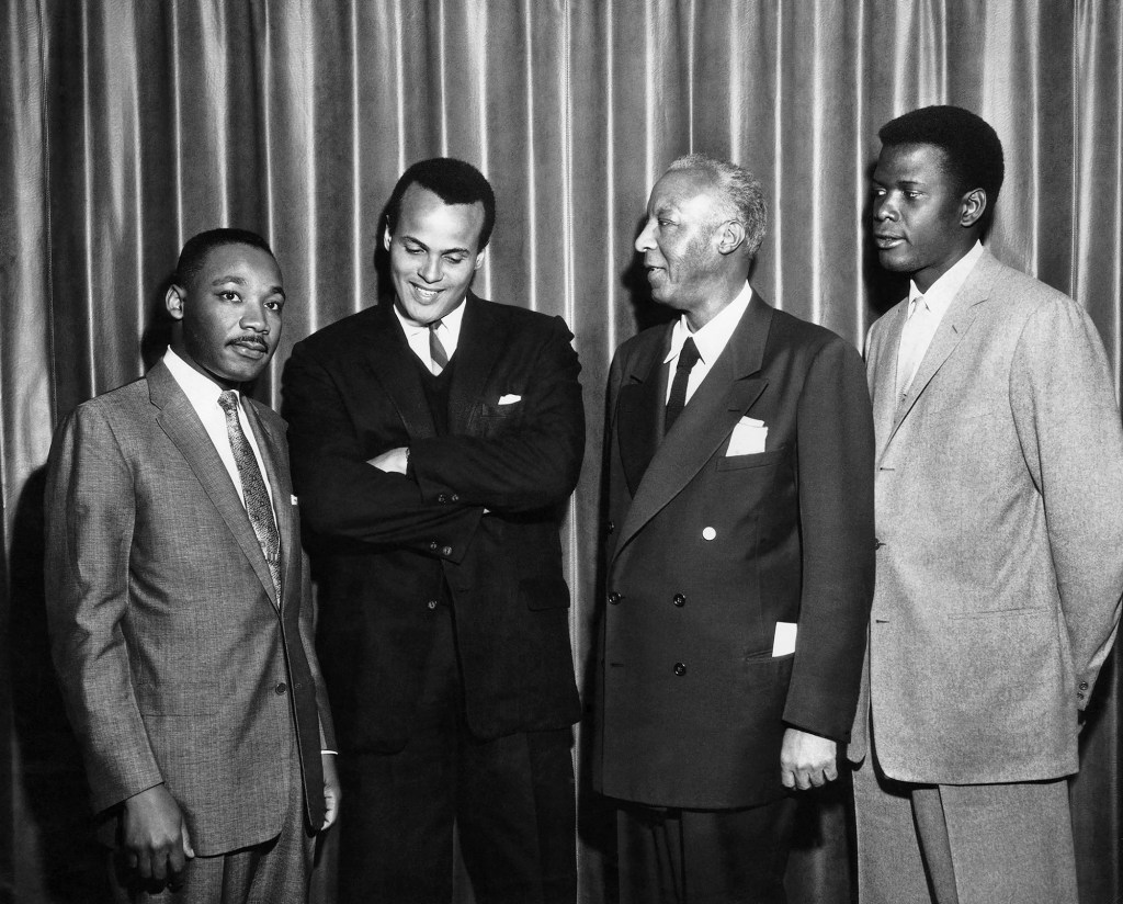 Martin Luther King, Jr., Harry Belafonte, Asa Philip Randolph and Sidney Poitier circa 1960.