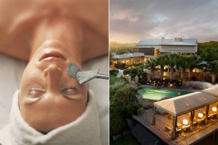 A side by side of a woman getting a facial and the Lake Austin Resort.