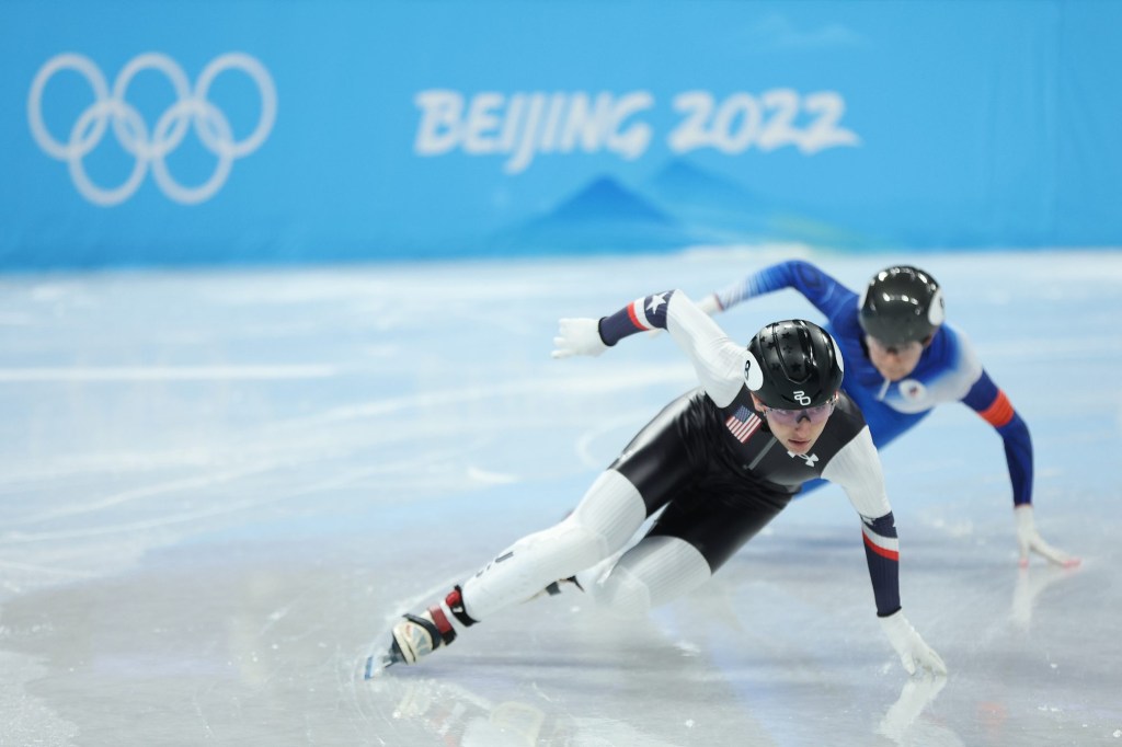 Kristen Santos competes during the Mixed Team Relay Quarterfinals on Day 1 of the Beijing 2022 Winter Olympic Games at Capital Indoor Stadium on Feb. 5, 2022 in Beijing, China.