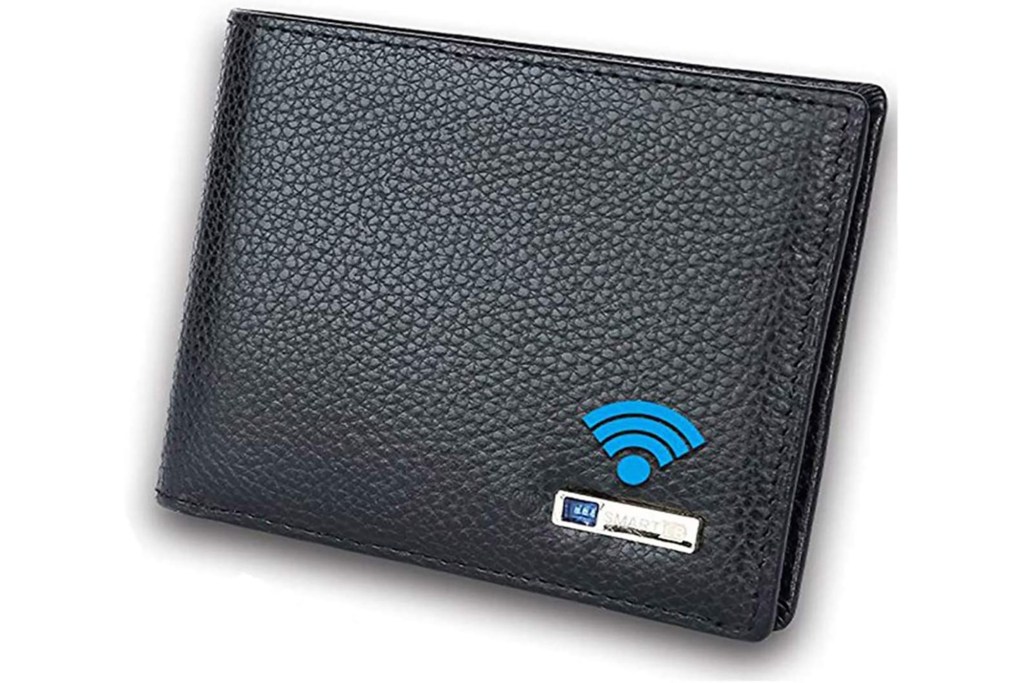 A black wallet with a blue WiFi logo 