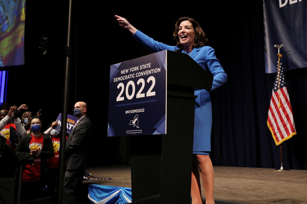 New York Governor Kathy Hochul delivers remarks at the New York Democratic party 2022 State Nominating Convention in Manhattan in New York City, New York, U.S., February 17, 2022.