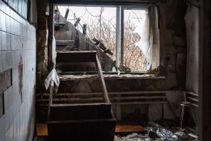 Interior of a destroyed house in the vllage Sokolniki completely devastated by Ukrainian bombing during the active phase of the conflict in 2014-2015 in pro-Russian separatist areas on the front line outside the city of Luhansk, Donbas.