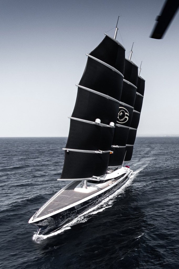 Bezos' Y721 yacht will reported feature three gigantic masts — similar to the "Black Pearl" (above), built by the same company, Oceanco — powered largely via a cutting-edge propulsion system that harnesses kinetic energy under sail.