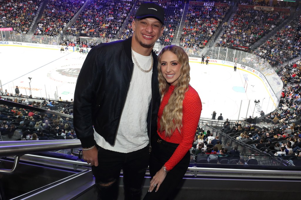 Patrick Mahomes and Brittany Matthews step out for the skills portion of the 2022 NHL All-Star Game in Las Vegas