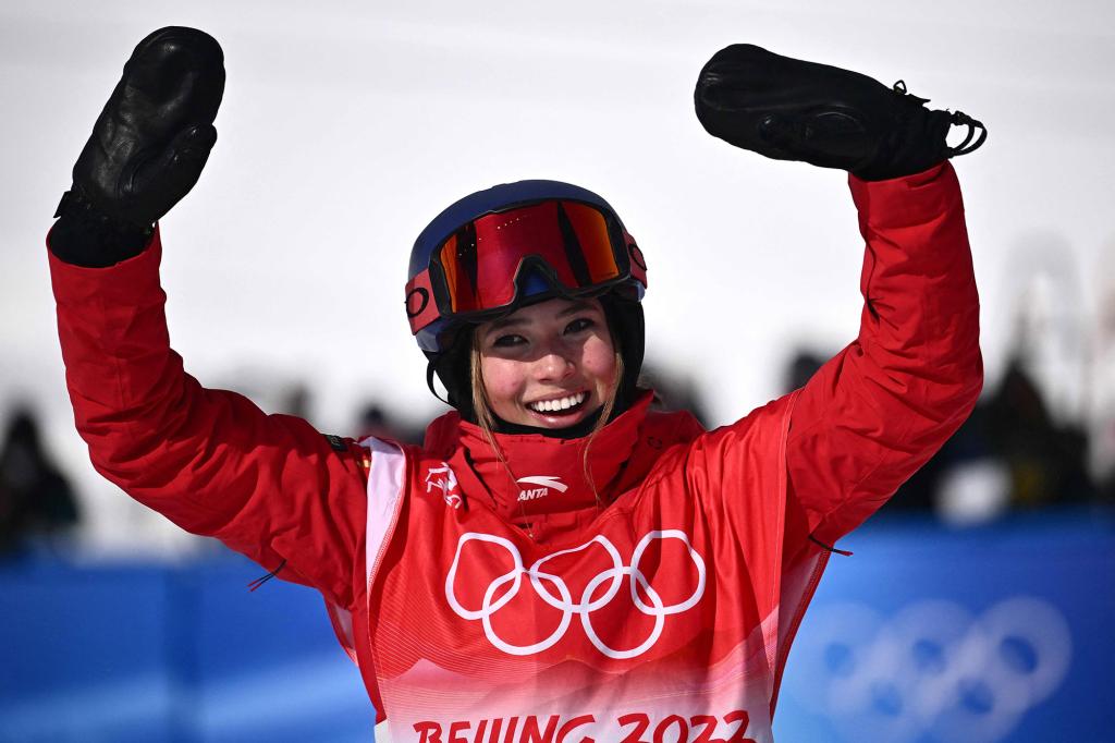 China's Gu Ailing Eileen celebrates after competing in the freestyle skiing women's freeski slopestyle