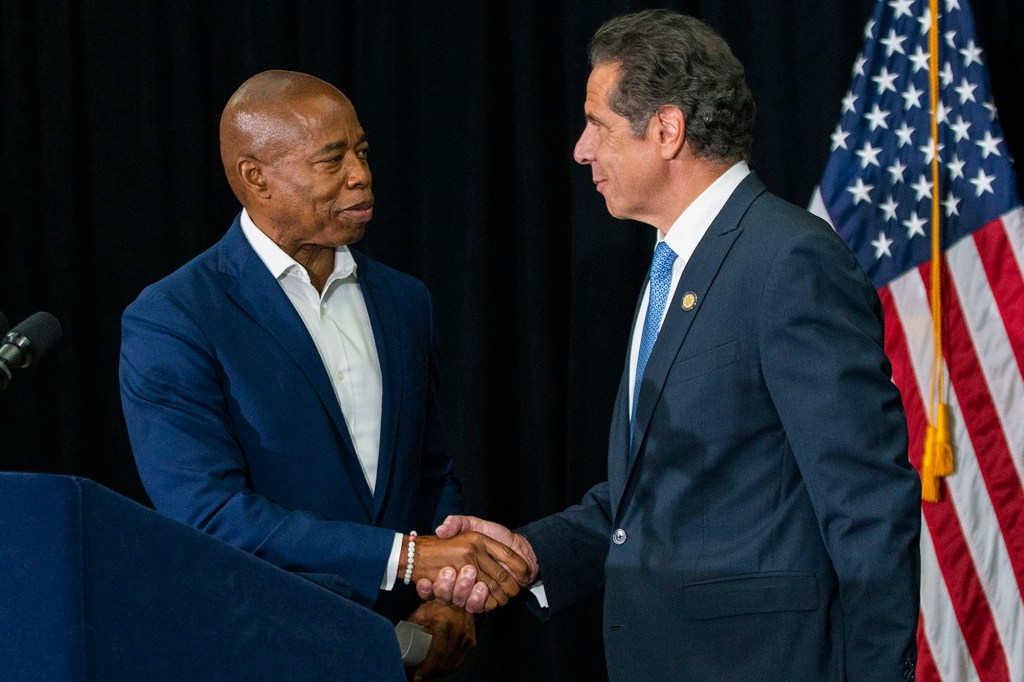 'I'm not going to leave any stones unturned get in my city back under control,' Adams said. Above, he shakes hands with Cuomo in 2021.