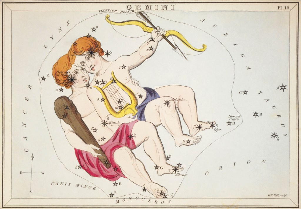 Gemini constellation illustrated with Castor and Pollux