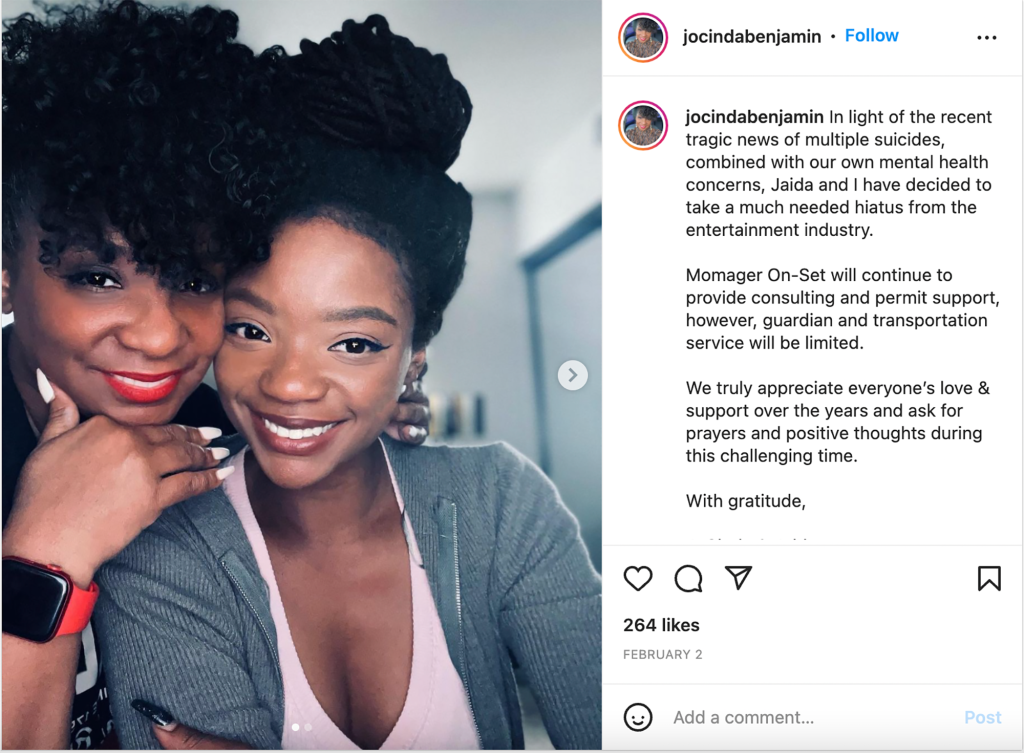 Earlier this month, Jocinda has posted a revealing message on Instagram detailing Jaida's intention to take a break from showbiz.