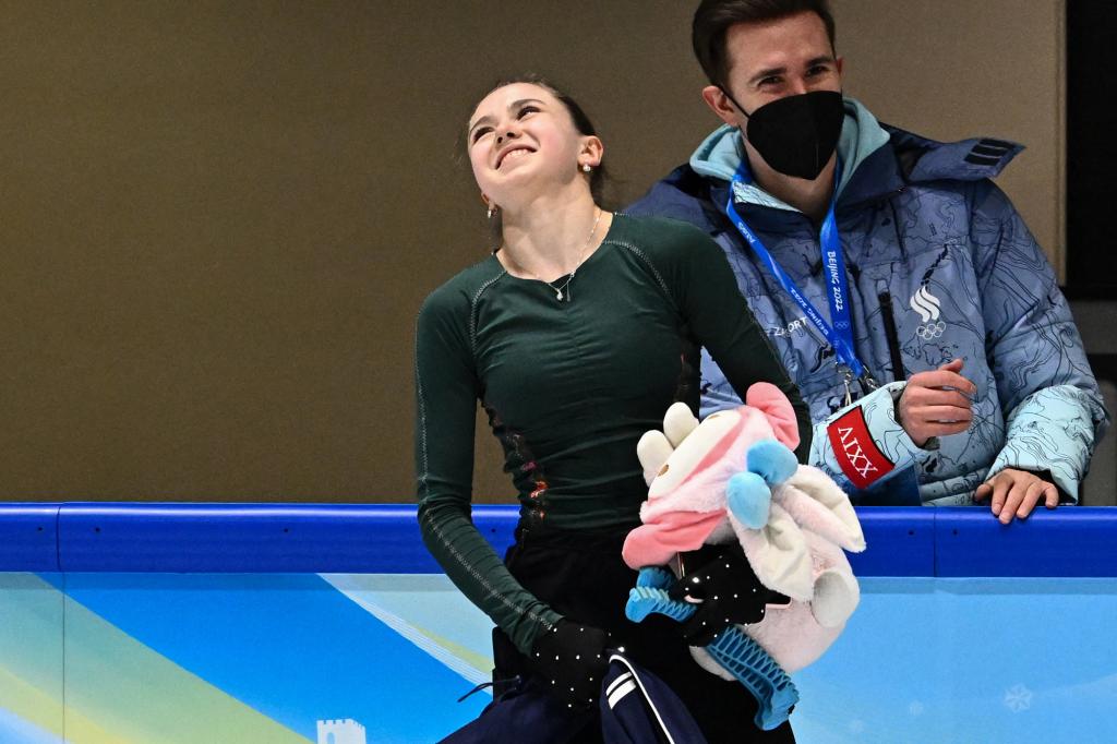 Russia's Kamila Valieva attends a training session on February 14, 2022 prior the figure skating event at the Beijing 2022 Winter Olympic Games.