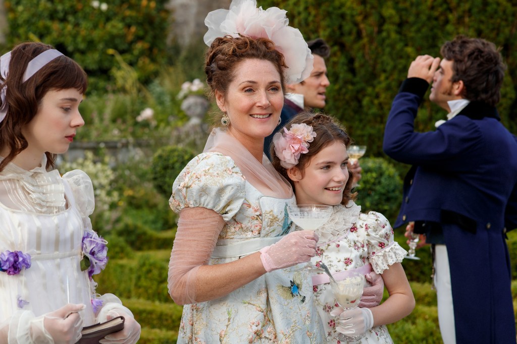 Ruth Gemmell in floral dress as Lady Violet Bridgerton