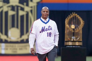 New York Mets great Darryl Strawberry is introduced to the Citi Field crowd during a pre game celebration in honor of the 1986 World Series team on May 28, 2016.