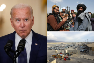Left: President Joe Biden. Right: Taliban soldiers. Bagram Air Base