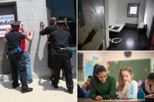 Left: An example of stop-and-frisk. Right: A teacher instructing a student. A bathroom inside Rikers Island.