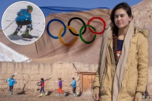Nazima Khairzad skiing, standing and walking and Olympic rings