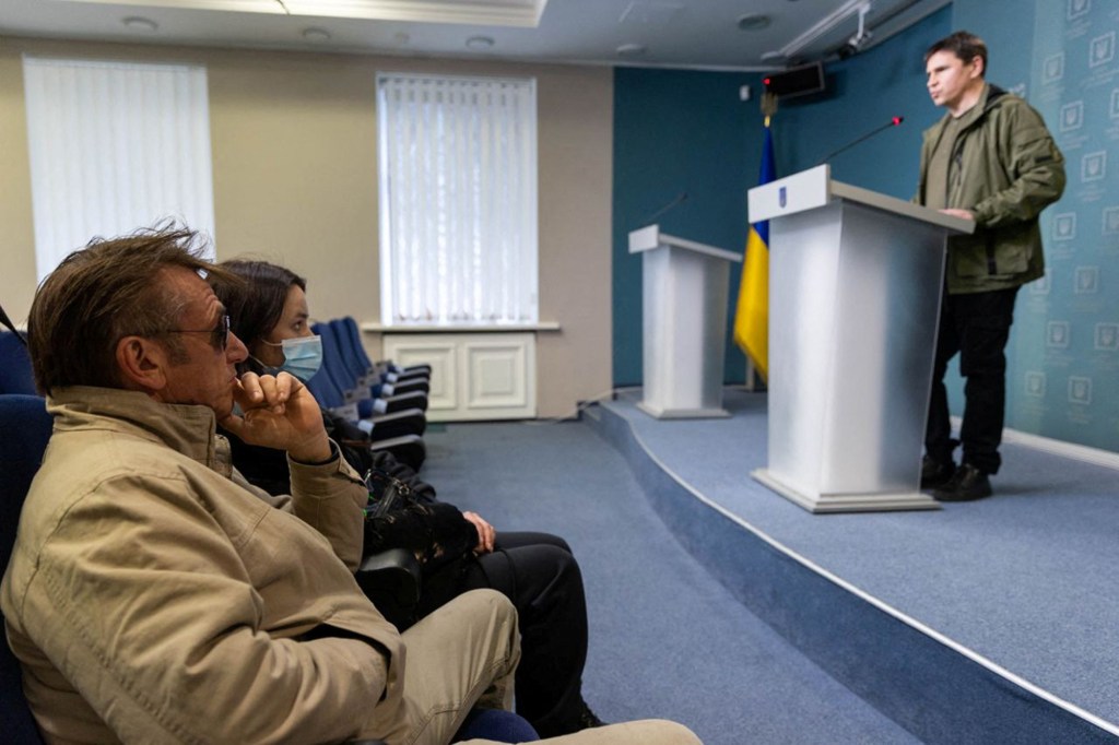 Actor and director Sean Penn attends a press briefing at the Presidential Office in Kyiv, Ukraine February 24, 2022.