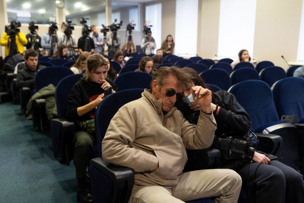 Actor and director Sean Penn attends a press briefing at the Presidential Office in Kyiv, Ukraine on Feb. 24.