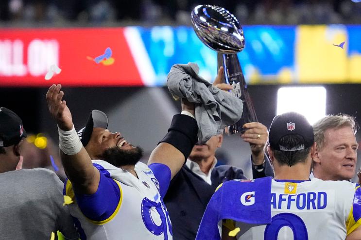 Aaron Donald of the Los Angeles Rams celebrates after winning NFL Super Bowl 56 on Feb. 13, 2022.