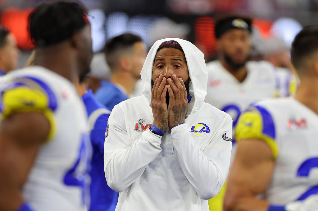 Odell Beckham Jr. #3 of the Los Angeles Rams looks on from the bench area in the fourth quarter against the Cincinnati Bengals during Super Bowl LVI.