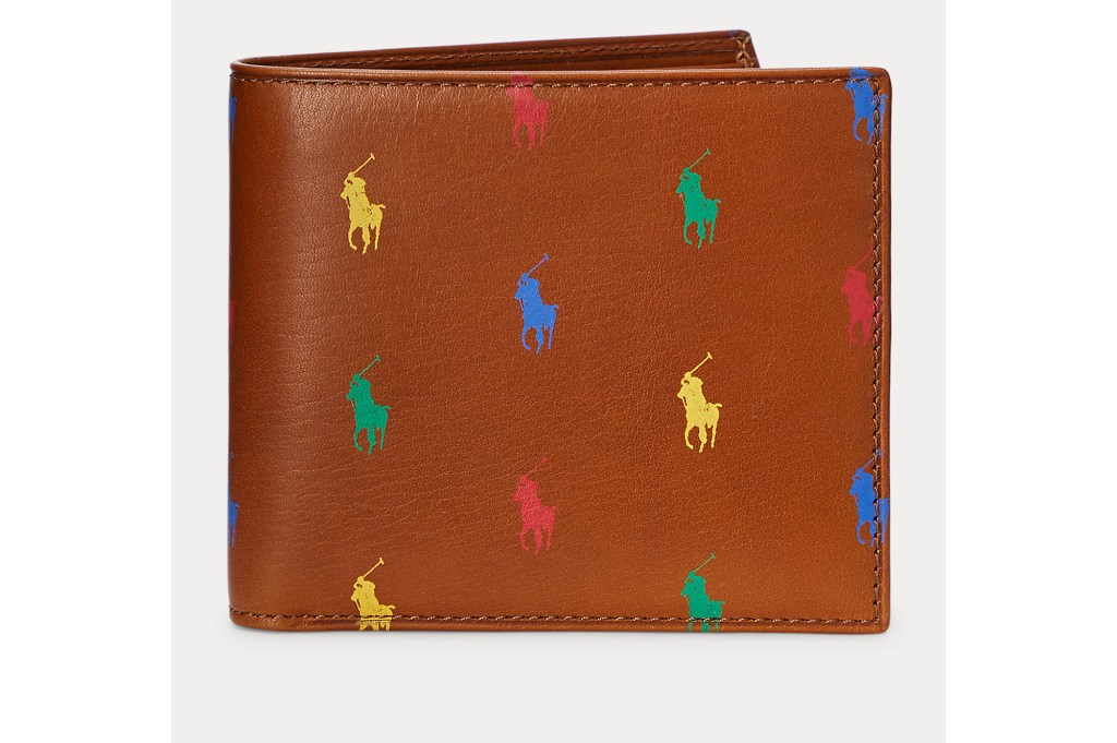 A brown wallet with Polo logos in rainbow colors 