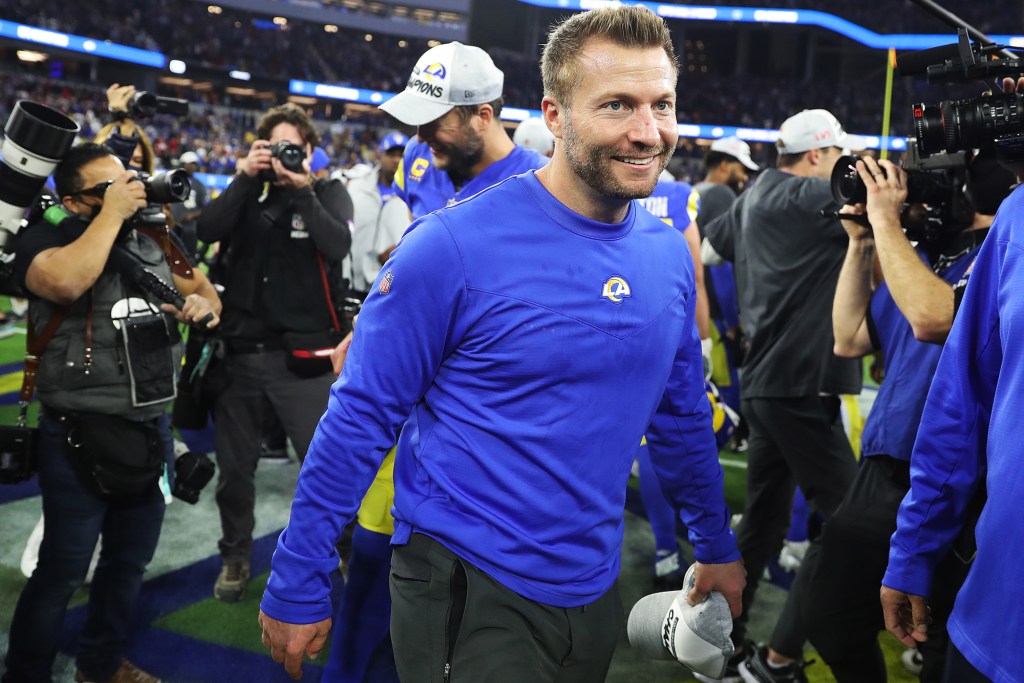 McVay smiles on Sunday, Jan. 30, 2022, after the Rams won the NFC Championship