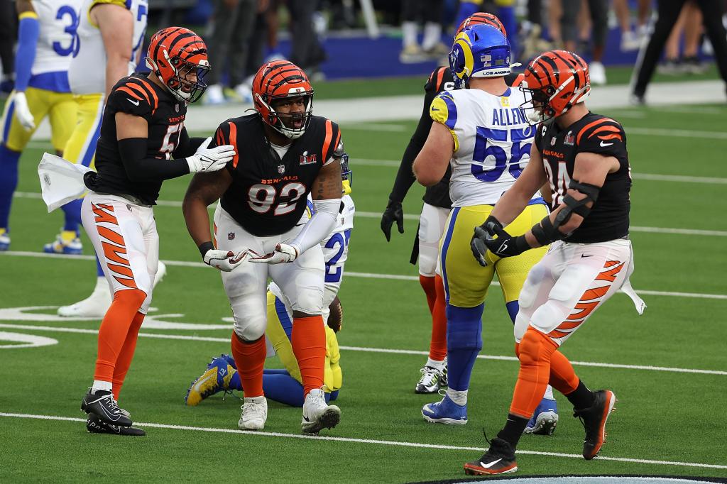 B.J. Hill #92 of the Cincinnati Bengals reacts after making a play during Super Bowl LVI.