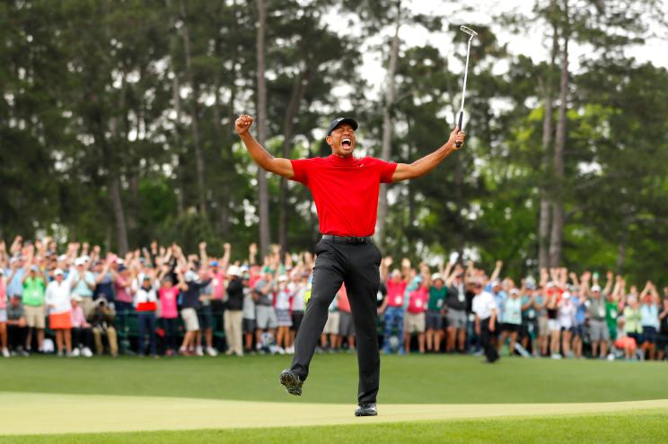 Tiger Woods celebrating at Augusta in 2019.