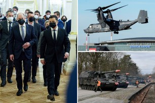 Ukrainian President Volodymyr Zelenskyy, right, and German chancellor Olaf Scholz, left;