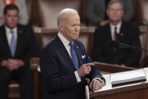 President Joe Biden delivers the State of the Union address during a joint session of Congress in the U.S. Capitol's House Chamber.