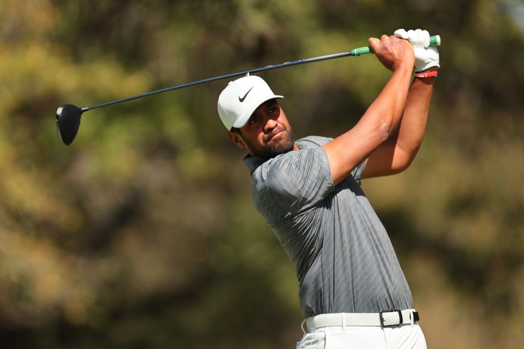 Tony Finau of the United States plays his shot from the eighth tee during the third day of the World Golf Championships-Dell Technologies Match Play at Austin Country Club on March 25, 2022 in Austin, Texas. (Photo by Michael Reaves/Getty Images)