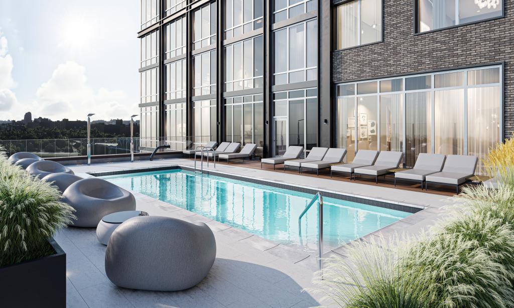 A splashy retreat in the form of a pool with lounge furniture -- another amenity for residents.