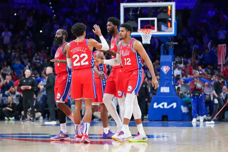Philadelphia 76ers react against the Denver Nuggets at the Wells Fargo Center on March 14, 2022.