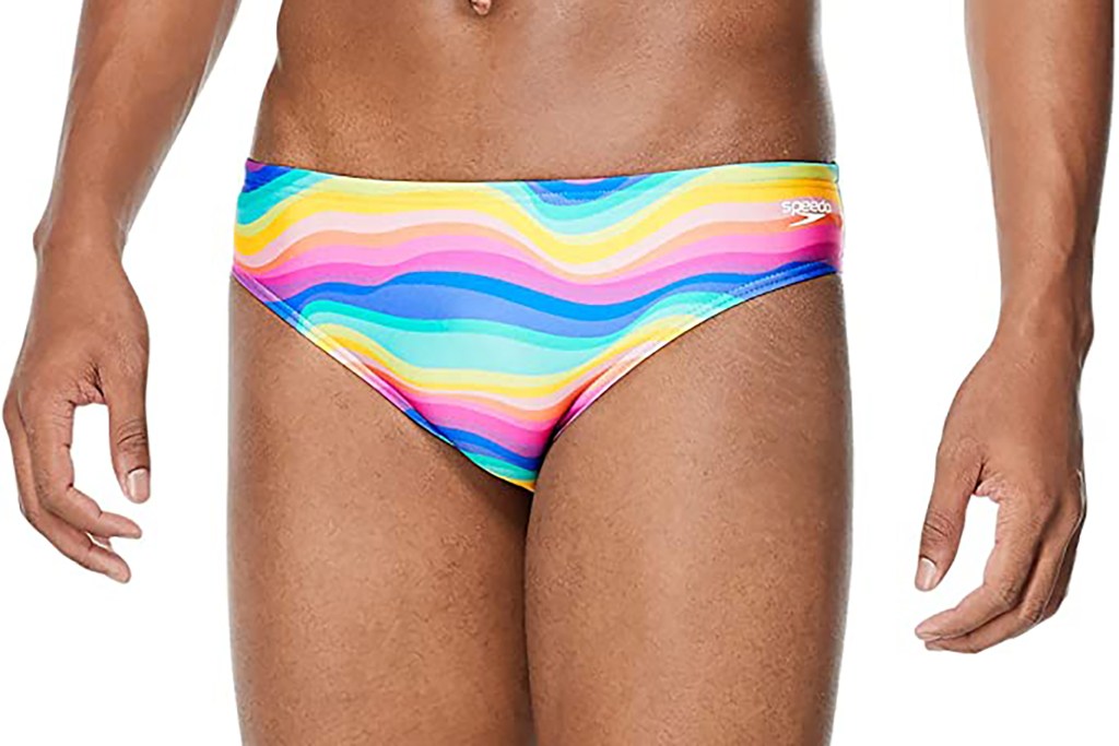 A man in a rainbow brief