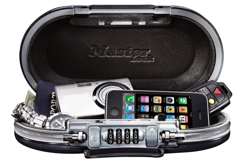 A portable safe filled with phones, camera and money 