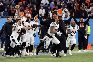 The Cincinnati Bengals celebrate Evan McPherson's winning field goal against the Kansas City Chiefs.