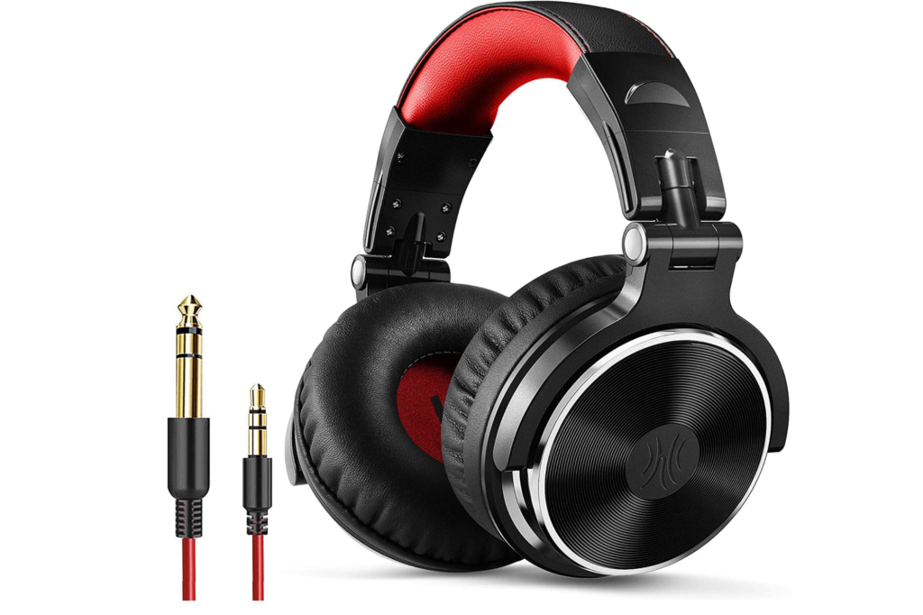 Black and red corded headphones