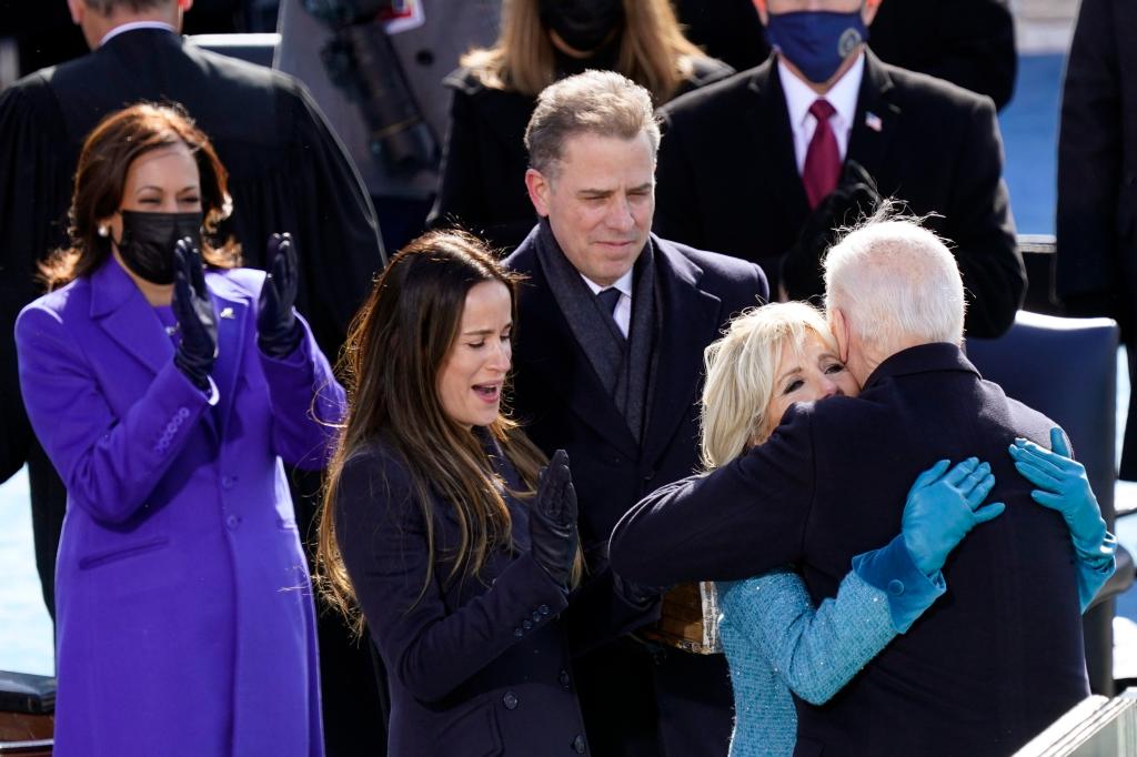 Hunter Biden is seen at Joe Biden's presidential inauguration alongside Jill Biden, Ashley Biden, and Kamala Harris.