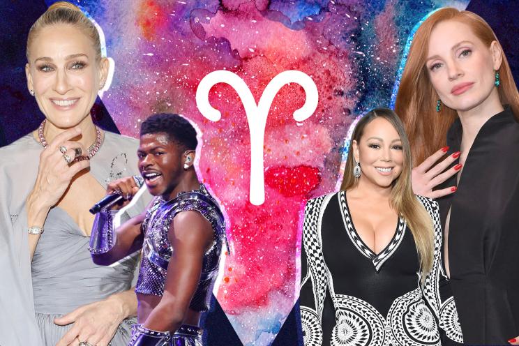 Sarah Jessica Parker, Lil Nas X, Mariah Carey and Jessica Chastain surround an Aries sign.