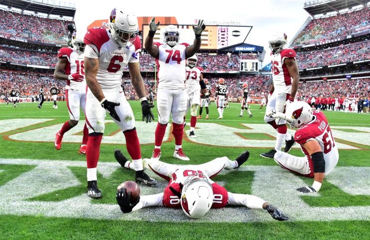 DeAndre Hopkins #10 of the Arizona Cardinals celebrates a touchdown with teammates during the third quarter against the Cleveland Browns.