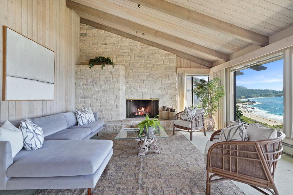 The main living room with a fireplace.