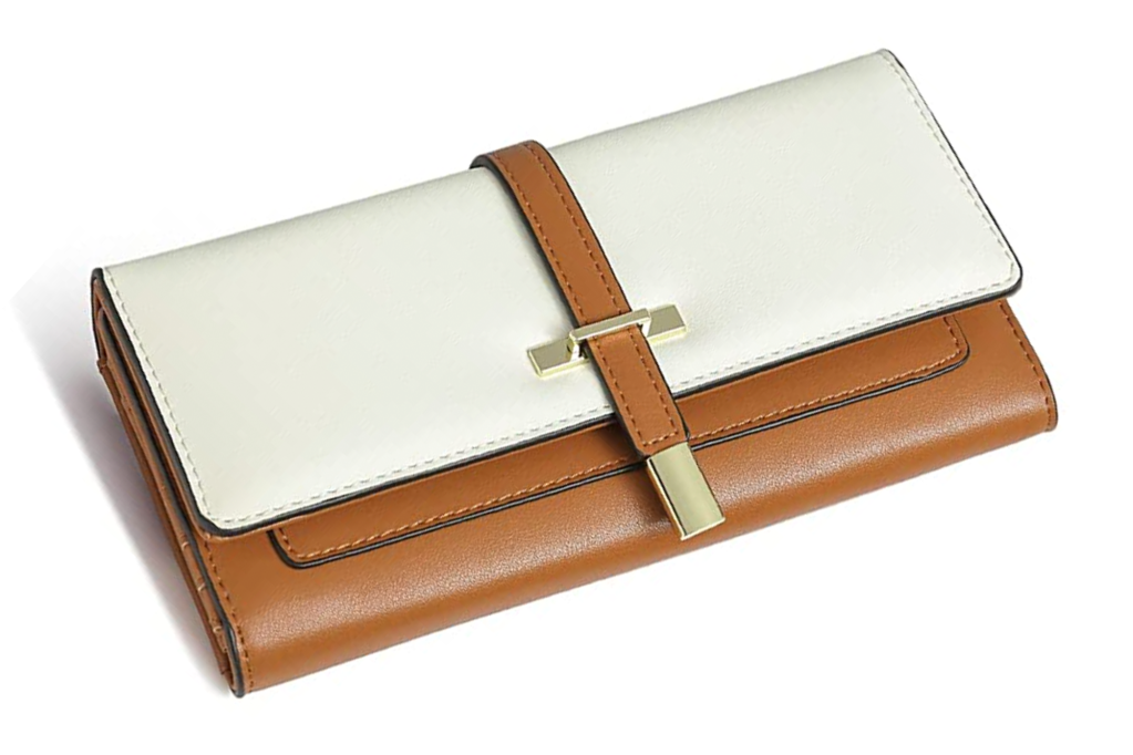 Brown and white snap wallet