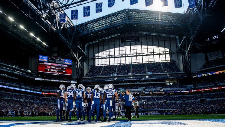 The Indianapolis Colts offense huddles up before a play in the third quarter of the game against the Denver Broncos at Lucas Oil Stadium on October 27, 2019 in Indianapolis, Indiana.