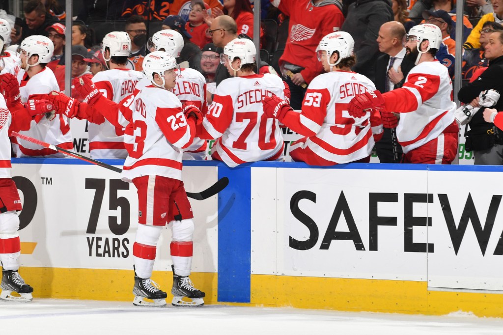 Lucas Raymond #23 of the Detroit Red Wings celebrates after a goal. 