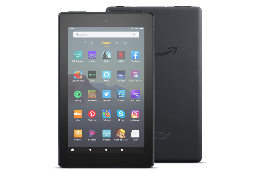 Amazon Fire Tablet with apps on the front