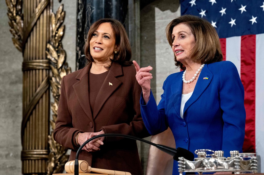 Kamala Harris and Nancy Pelosi speak before Biden's address.