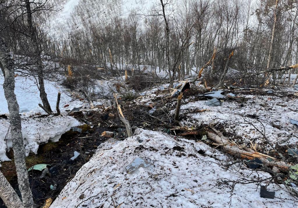 This handout photo taken on March 20, 2022 and recently released by the Norwegian Police shows the site of the plane crash of a V-22B Osprey aircraft belonging to the US Marine Corps, that crashed during NATO exercises on March 18, 2022.