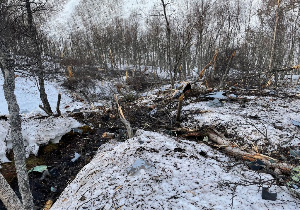 This handout photo taken on March 20, 2022 and recently released by the Norwegian Police shows the site of the plane crash of a V-22B Osprey aircraft  belonging to the US Marine Corps, that crashed during NATO exercises on March 18, 2022.